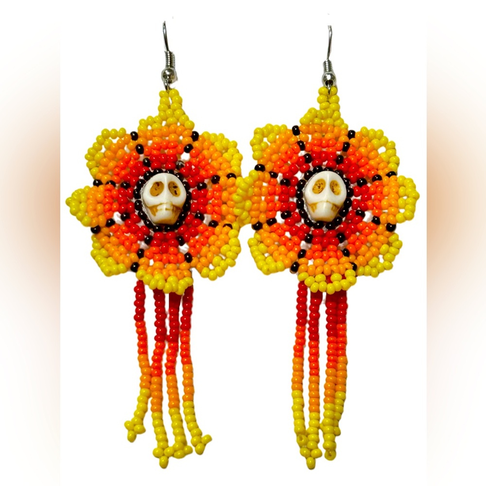 Handcrafted Skull SunFlower Glass Seed Beaded Earrings – GrandmaMia NWT
